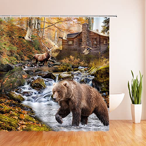 Rustic Cabin Shower Curtain Brown Bear Deer Moose Country Lodge Farmhouse Fall Autumn Forest Natural Scenery Stream House Outdoor Animals Hunting Wildlife Camp Decor Fabric Bathroom Curtain With Hook #TOP1