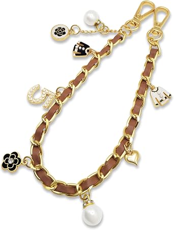 Luxury Style Gold-Plated and Faux Leather Charm Purse Strap Keychain Pants Phone Chain Wristlet