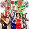 Trgowaul Merry Christmas Decorations, 30pcs Red Green Happy Christmas Party Supplies Decorations, Banner, Paper Fan Flower, Santa Claus Xmas Elk Foil Balloon, Fringe Curtain, Xmas Decoration Set #4