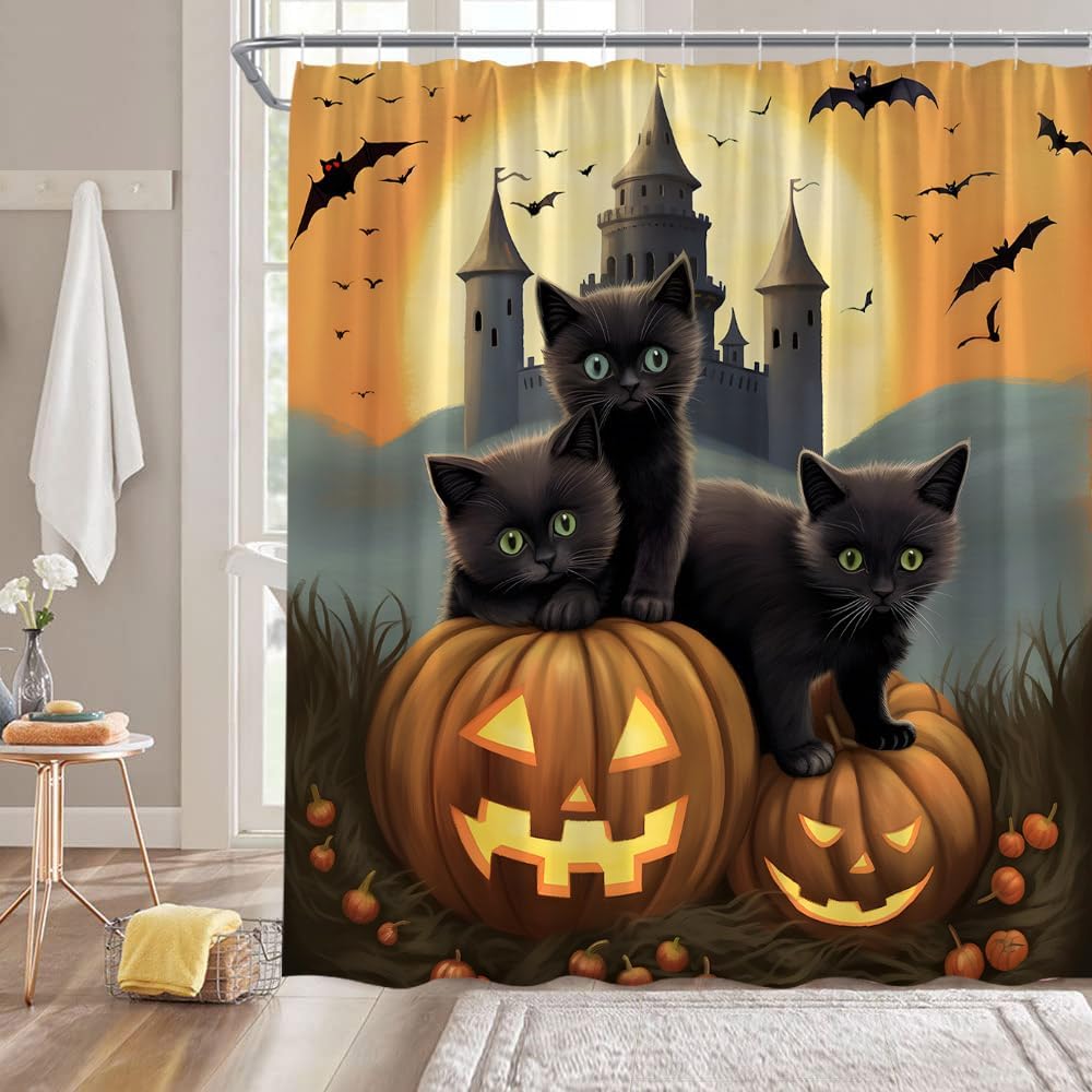 Halloween Shower Curtain Spooky Black Cat Orange Pumpkun Lantern Full Moon Bat Gothic Castle Vintage Halloween Holiday Fabric Bathroom Decor Curtain with Hooks