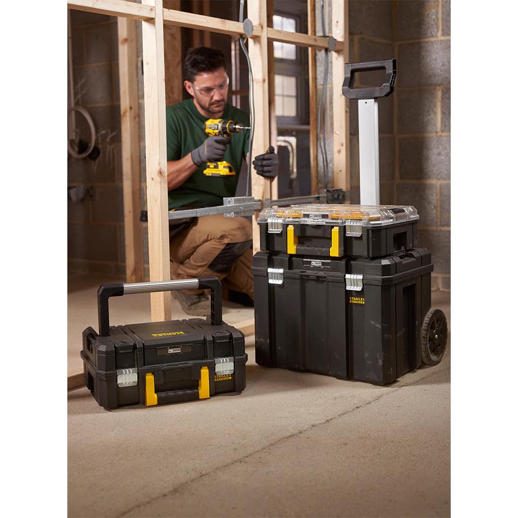STANLEY FATMAX Conjunto Pro-Stack 3 Piezas, Maleta con Asa de Aluminio, Organizador Transparente, Base con Ruedas, Almacenaje Móvil, Negro, 51.2x70.8x43.5 cm, FMST1-80103