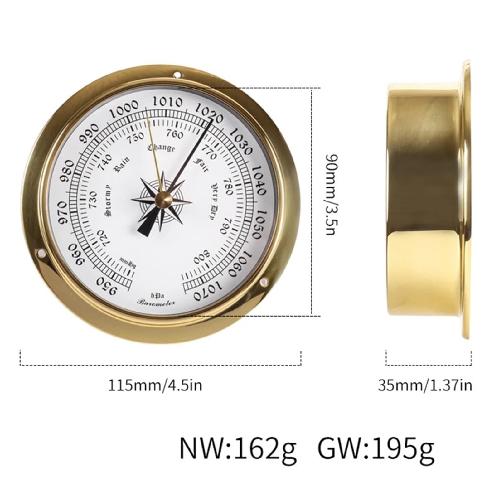Barómetro Barómetro montado en la pared de 115 mm, termómetro, higrómetro, reloj marea, estación meteorológica cobre for interiores y exteriores(Tidal clock)