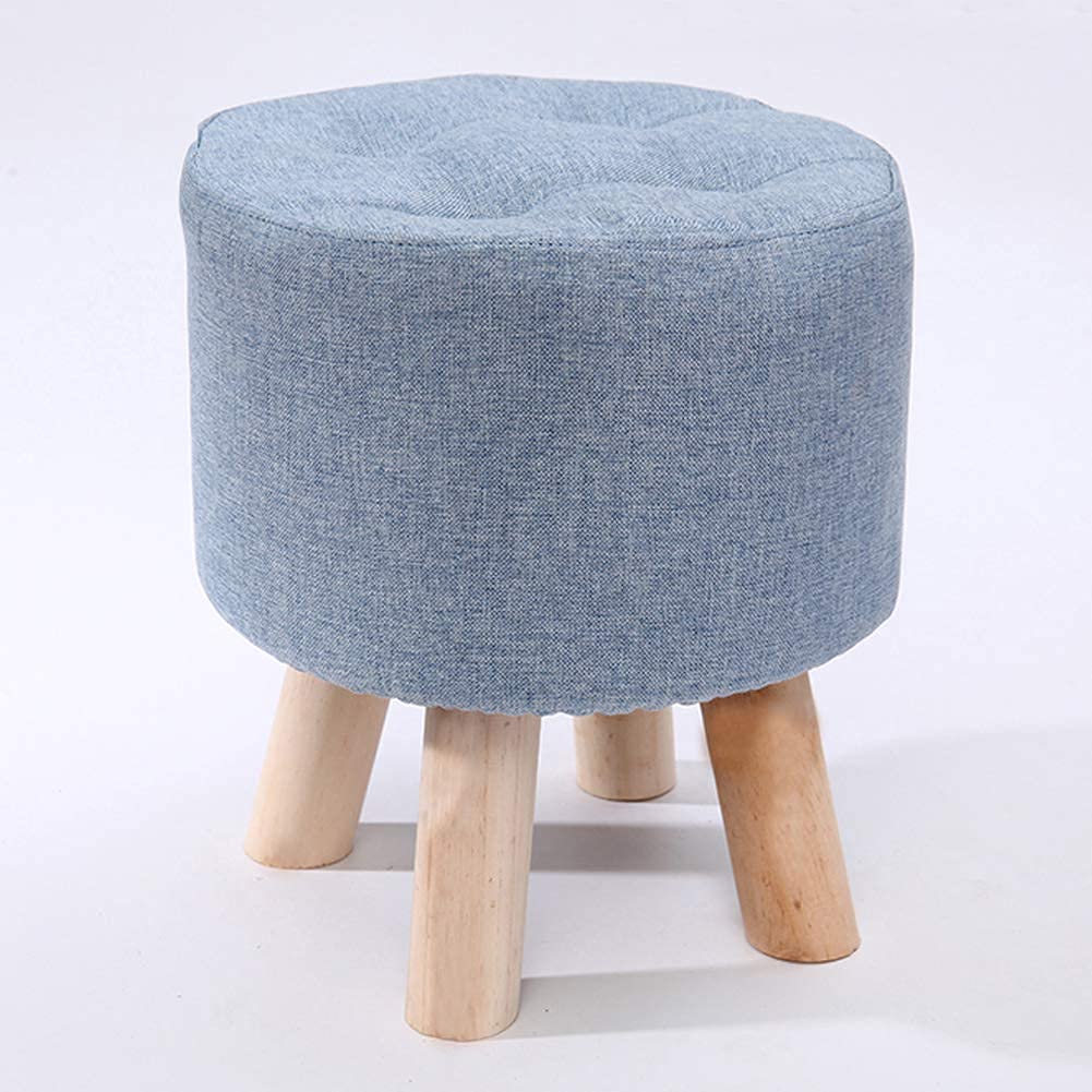 Pouf in Legno, poggiapiedi Imbottito, poggiapiedi Rotondo in Lino con 4 Gambe in Legno, Piccolo Sgabello per Soggiorno, Camera da Letto, Giardino, Blu 31x31x28 cm