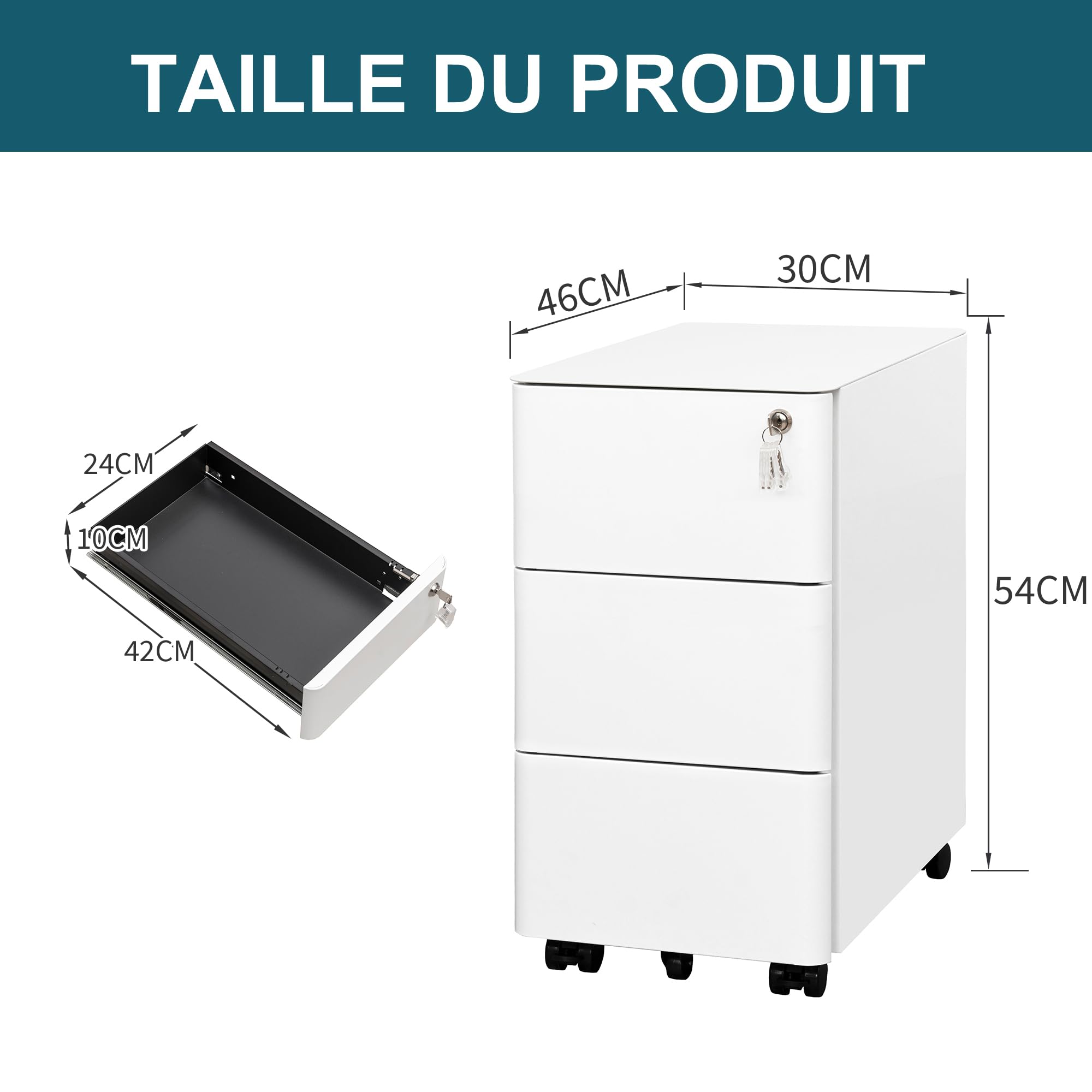 Caisson de Bureau Mobile, Verrouillable, 4 Clés, Meuble Tiroir Bureau, Caisson Tiroir, Rangement pour Documents et Papeterie, Blanc