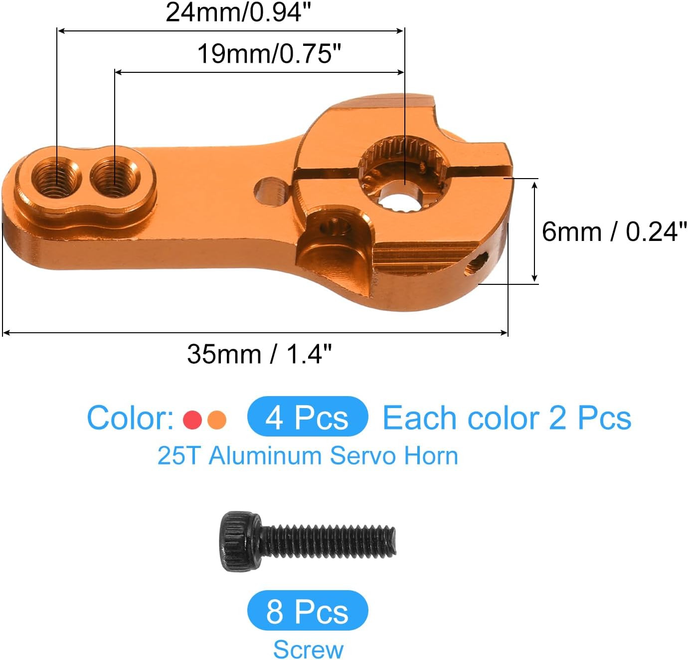 MECCANIXITY 4 Pcs Aluminum Alloy 25T Steering Servo Arm Horn for DIY RC Car/Boat/Airplane Boat Accessories, Orange/Red