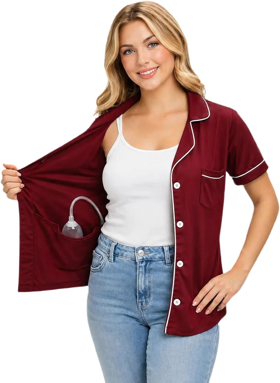 Mastectomy Recovery Shirt with Drain Pockets Button Down Post Surgery Top for Women Breast Post Op Surgery Care