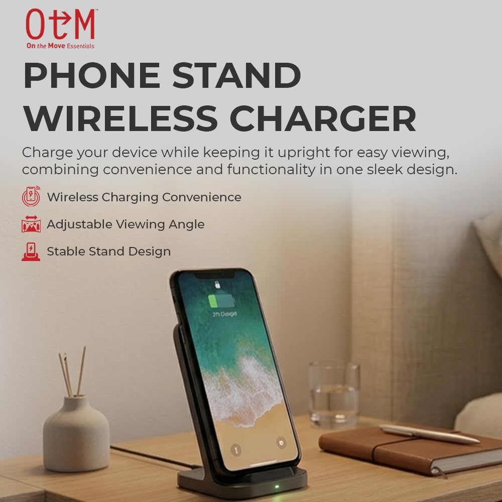 OTM Essentials Wireless Charging Stand for Smartphones, Foldable Phone Charger Dock with USB-A Connection, Charging Station with Adjustable Viewing Angle for Desk & Nightstand, Office Desk Accessories