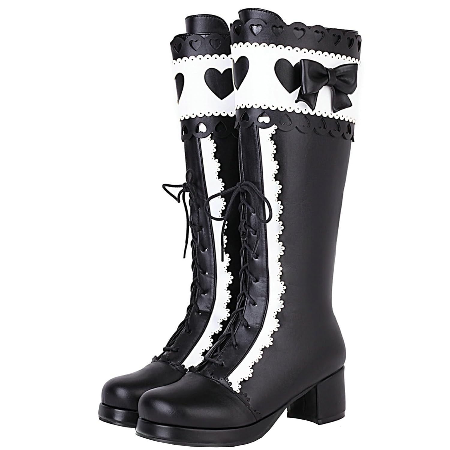 Meefit Women Lolita Lace Up Knee High Boot Platform Chunky Mid Heel Long Boots Kawaii Shoes Bow Knee