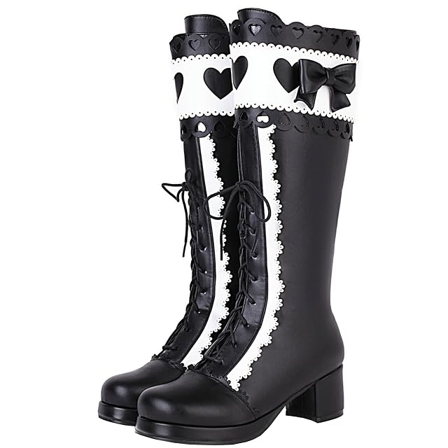 Meefit Women Lolita Lace Up Knee High Boot Platform Chunky Mid Heel Long Boots Kawaii Shoes Bow Knee