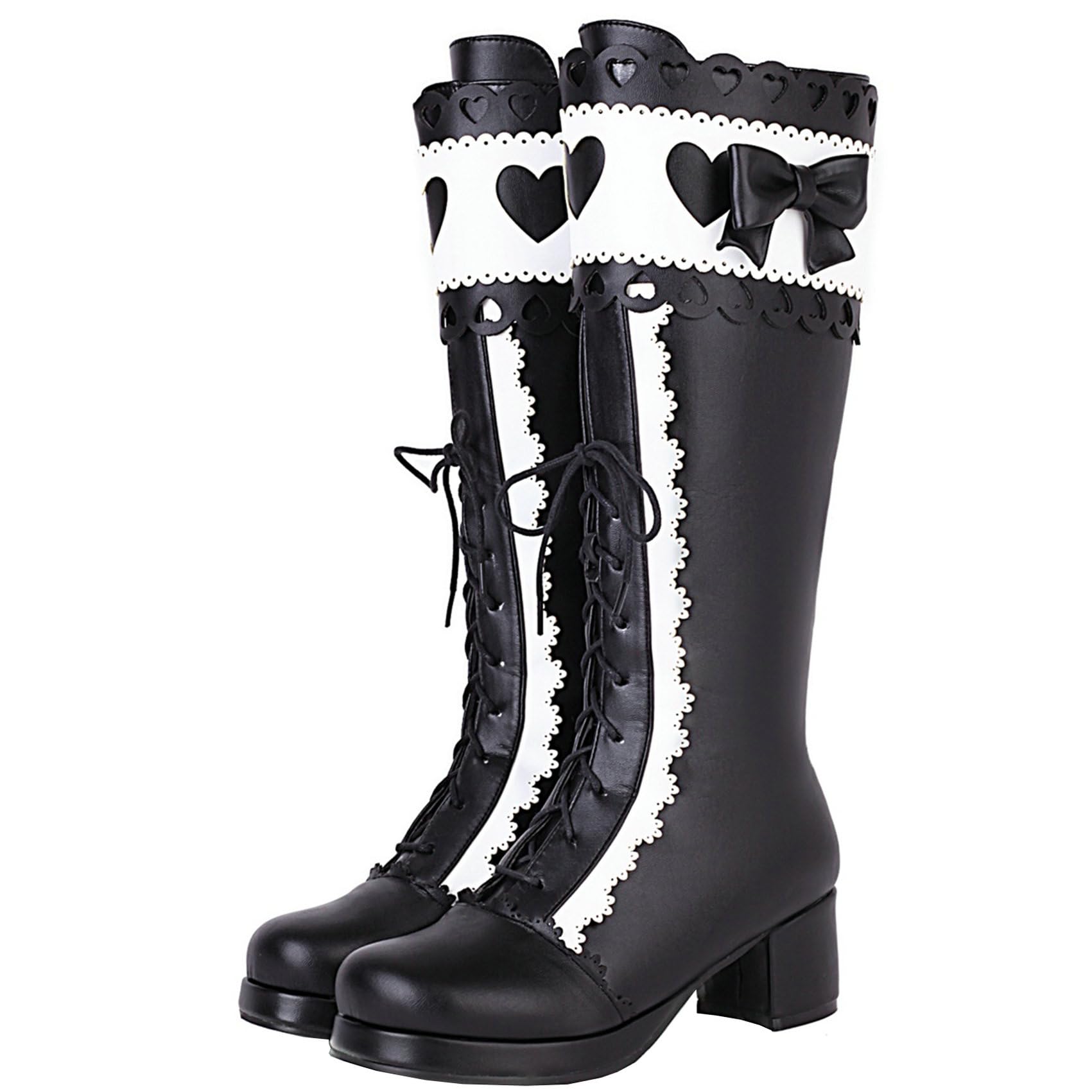 Meefit Women Lolita Lace Up Knee High Boot Platform Chunky Mid Heel Long Boots Kawaii Shoes Bow Knee
