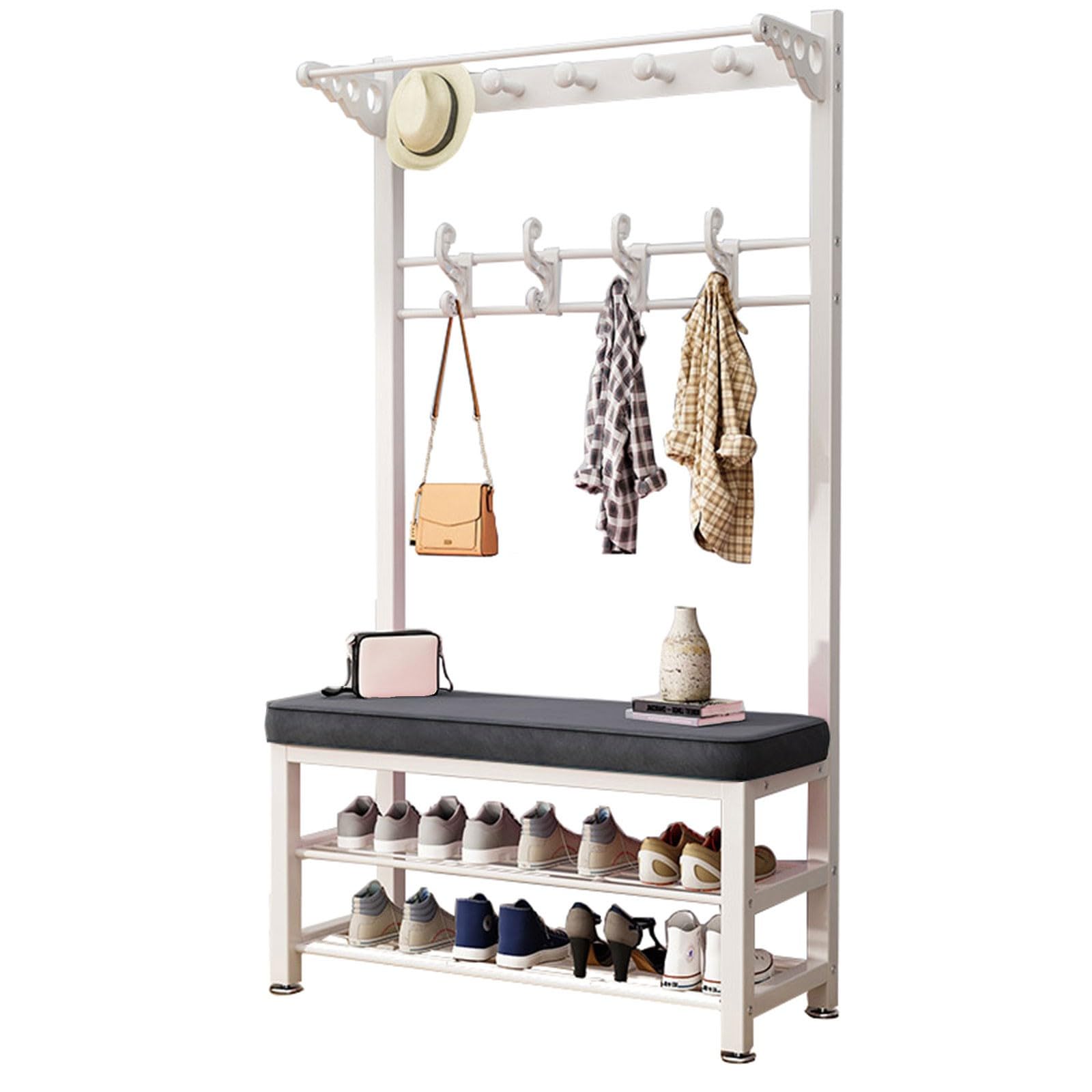 MSHGSKU Metal Coat Rack with Bench Entryway Shoe Storage nizer 7 11 Hooks Stylish Hallway Furniture for Bedroom Living Room 100CM (White Gray)