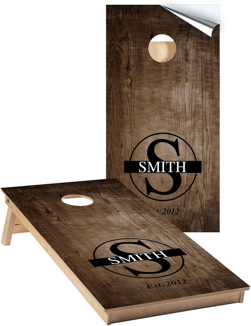 Cornhole Vinyl Wrap Custom Personalized Family Name Wood #523 - Wood Design Family Name Wrap - Cornhole Graphic Decals - Includes Application Squeegee - Set of (2) 25" x 49" Wraps with Gloss Laminate