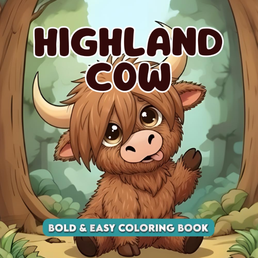 Highland Cow Bold and Easy Coloring Book: 50 Cute Kawaii Scottish Cow Illustrations, Sweet Simple Elements, and Adorable Playful Scenes for Kids, Teens, and Adults to Relax and Relieve Stress
