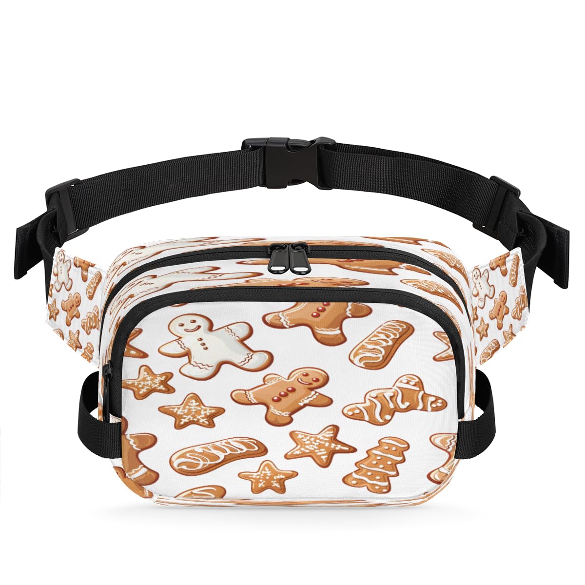 Cute Gingerbread Waterproof Square Fanny Pack with Adjustable Strap Dual Zipper Storage Lightweight Design for Travel Hiking Running Daily Use Unisex Crossbody Waist Bag for Men Women