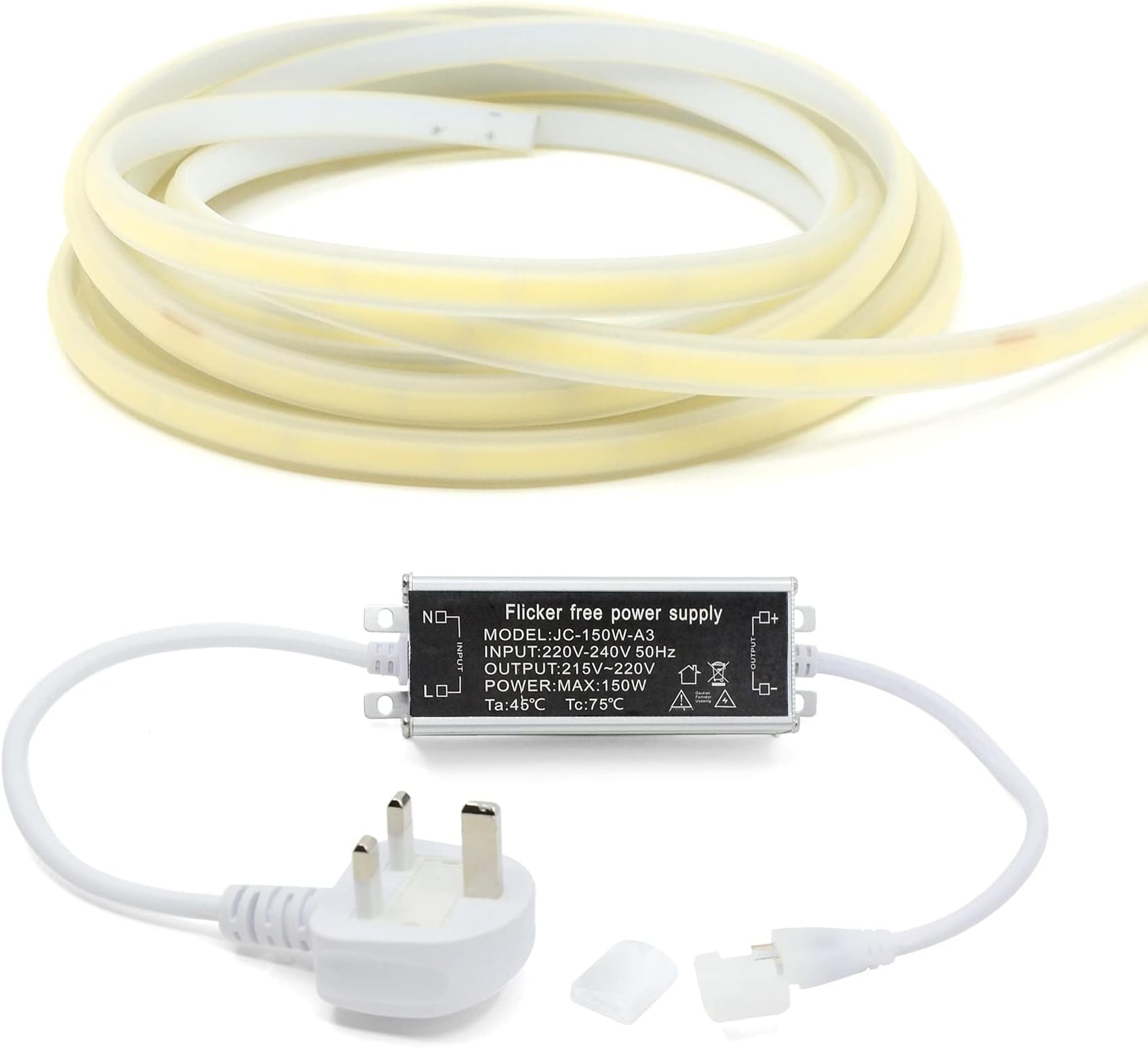 50M Warm White 3000K AC 220V-240V Seamless LED COB Strip Light with Flicker Free Power Supply, IP65 Waterproof, Cuttable Every 50CM [Energy Class F]