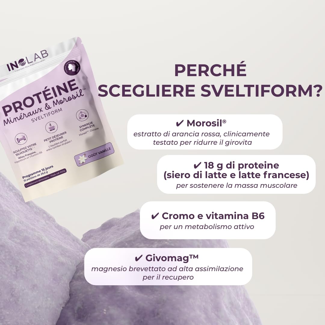 Inolab integratore Proteine in polvere con Whey & Morosil, magnesio, cromo, vitamina C I Massa muscolare e metabolismo energetico I Per donne 40+
