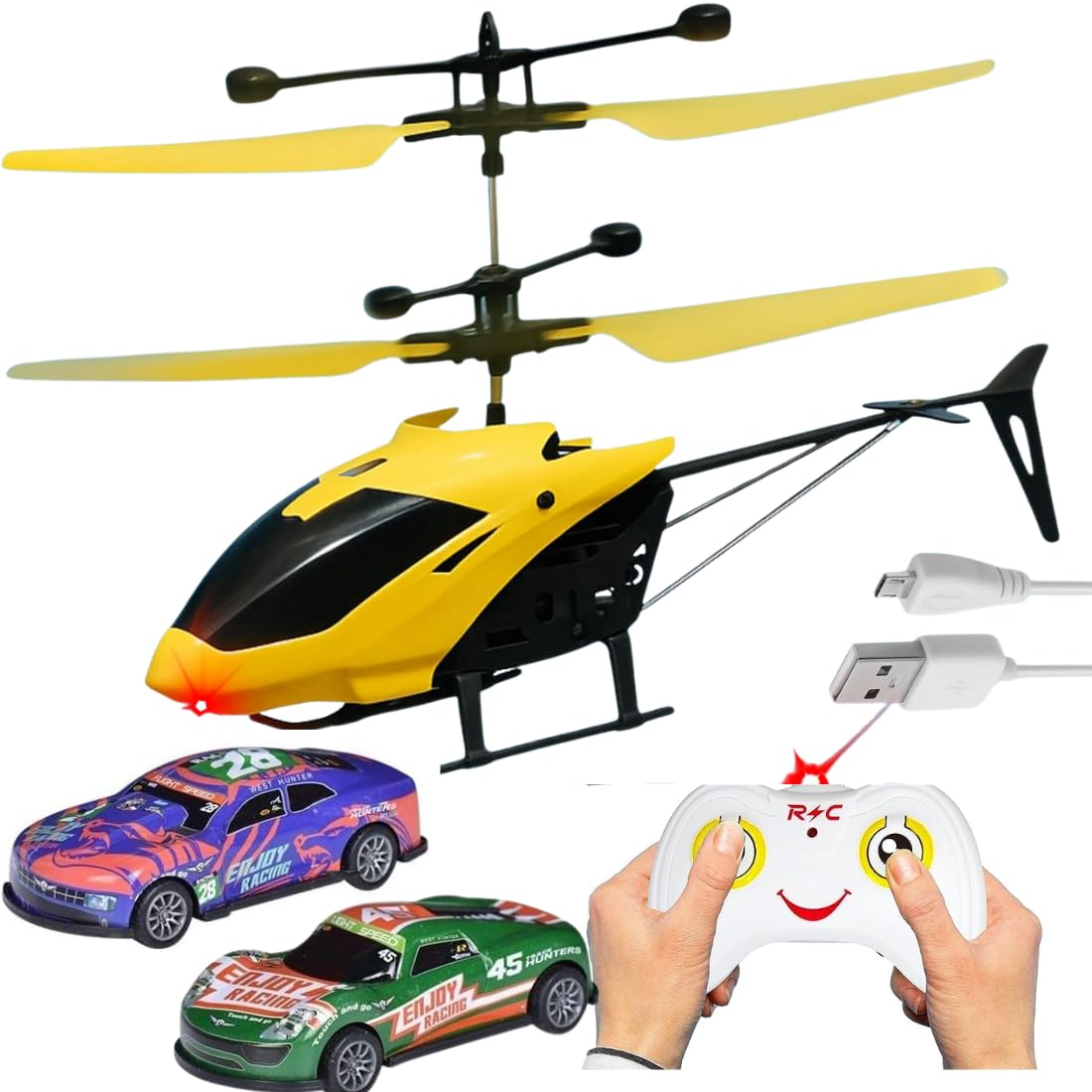 Toy Flying Helicopteer,Remote Control Helicopter for 6 + Years Boys Helicopter, Palm Sensing Helicopteer with 2 mini Metal Pull Back Cars (Pack of 1)