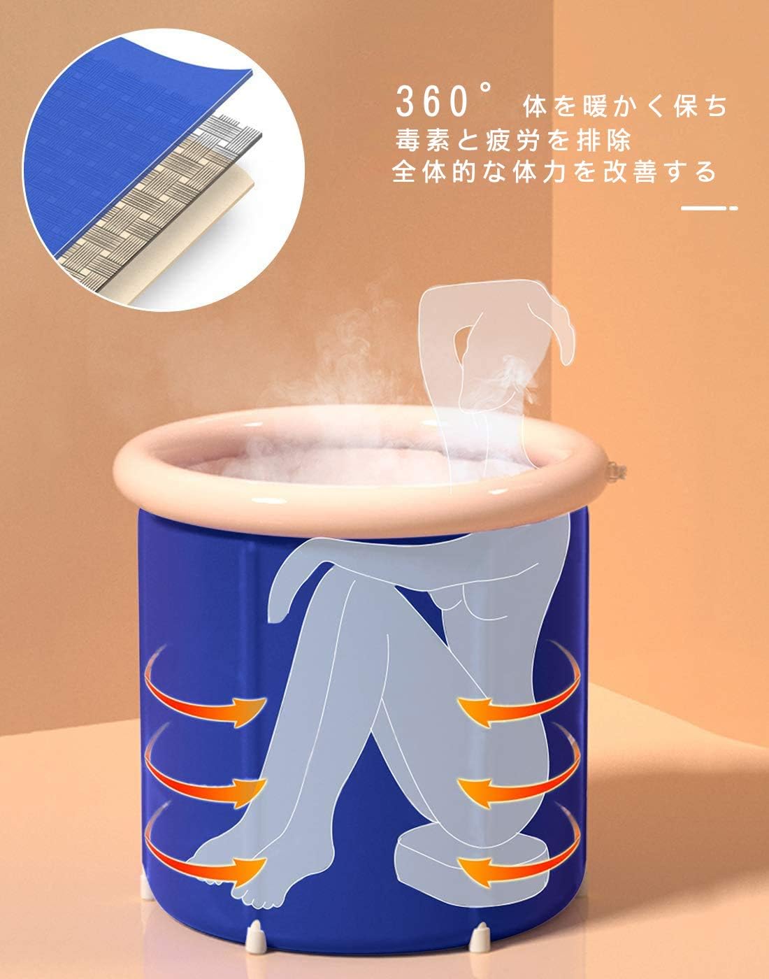 プラスチック折り畳み式アイスバケツ,家庭用折りたたみ式バスタブ、大人用のスパ、ポータブルバスタブ、折りたたみ式、設置が簡単浴槽 (深蓝色)