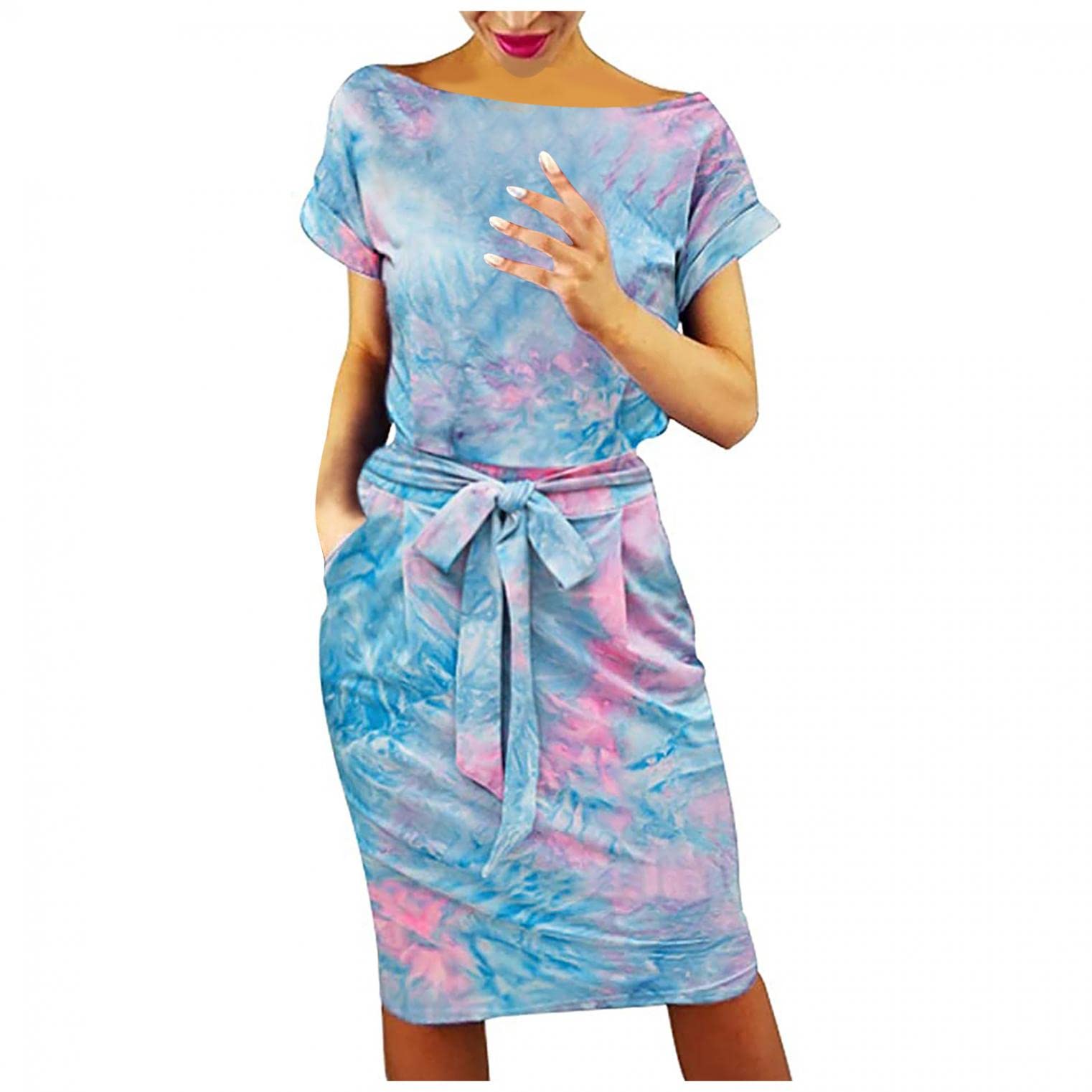 Women's Summer Casual Evening Party Dress Short Sleeve Tie Waist Pockets  Dresses Knee Length Tunic Dress for Ladies