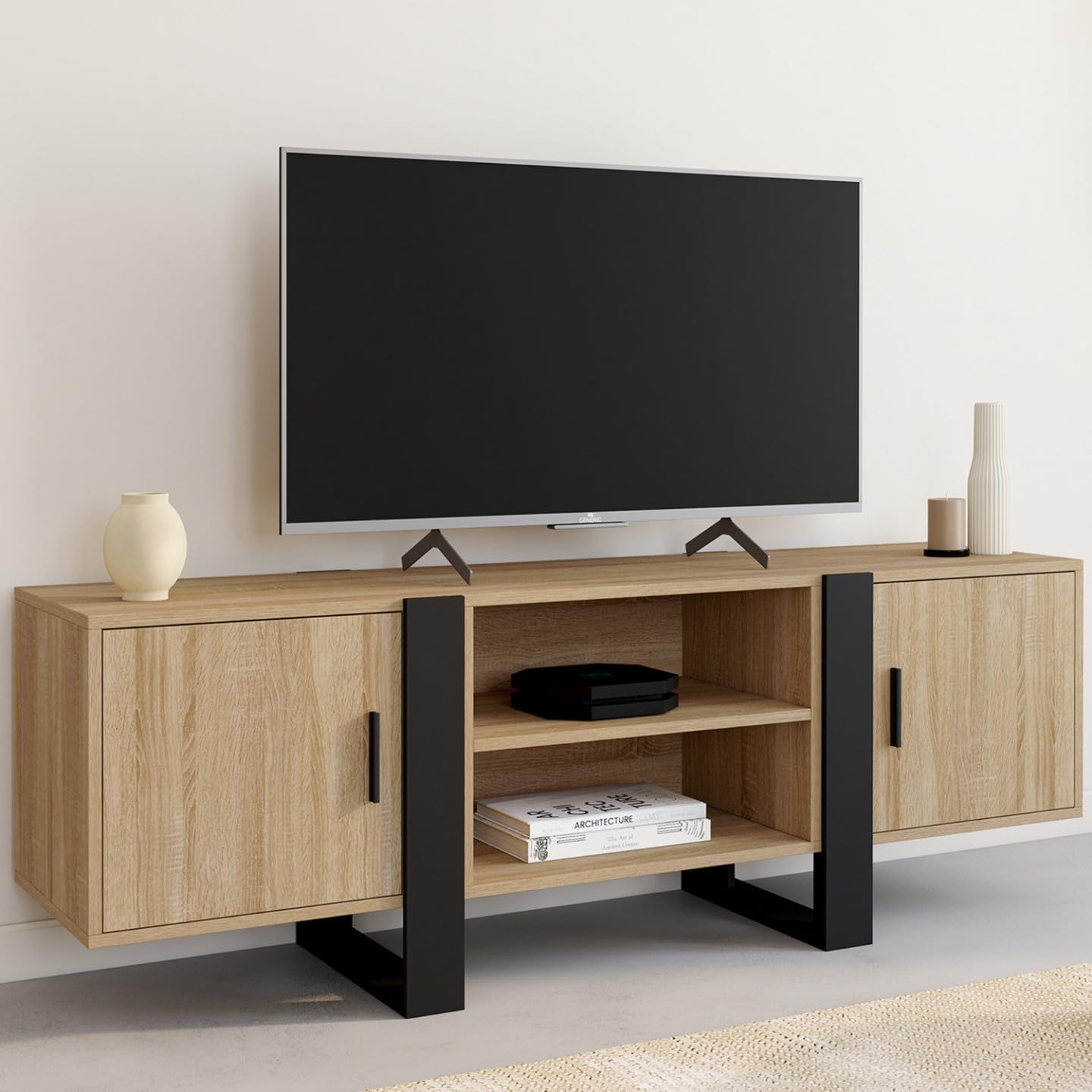 IDMarket - Meuble TV 140 cm Phoenix 2 Portes Bois et Noir