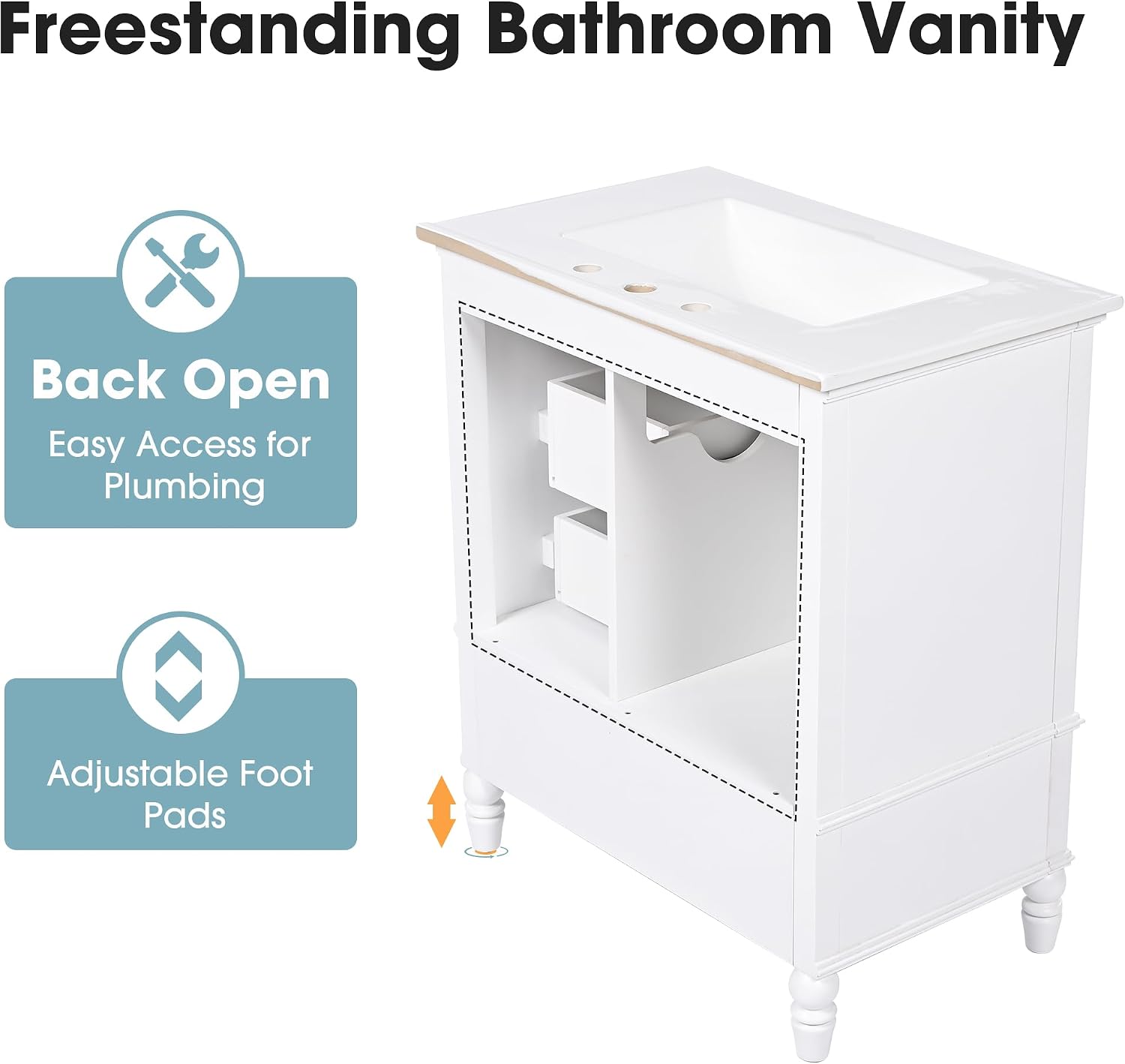 Christopher Knight Home Hexa 30" Bathroom Vanity with Ceramic Sink, Storage Cabinet, Door Hinges, Drawers, Acacia Wood Legs & MDF Wood, Space-Saving Furniture, Open Back, Adjustable Foot Pads, White