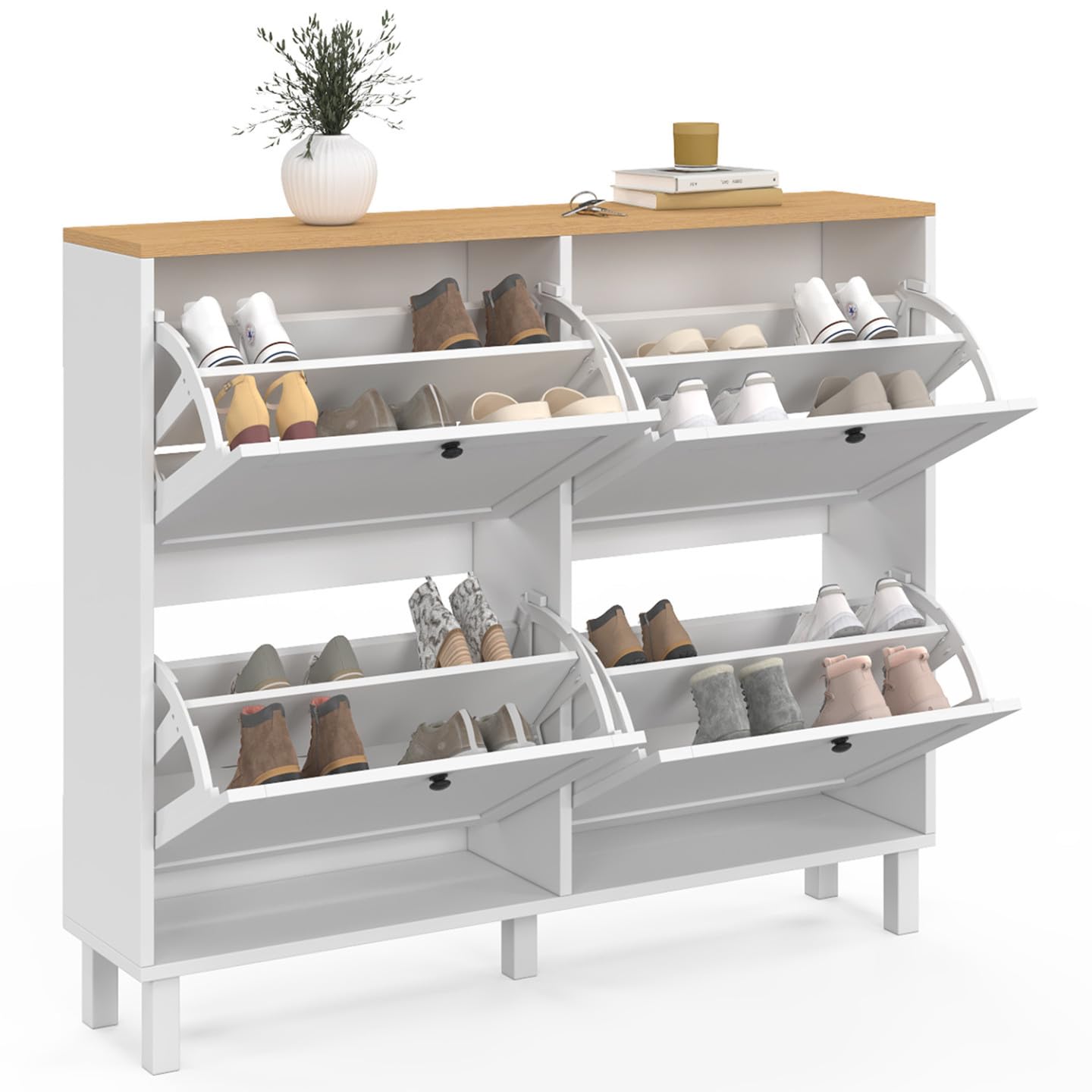 IDMarket - Zapatero Achille para 20 pares con 4 puertas, color blanco y bandeja de madera