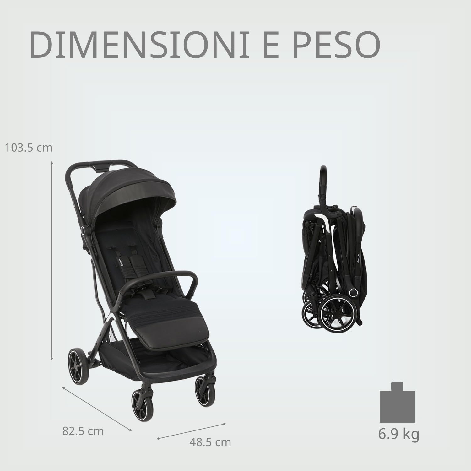 Giordani G-Touch Passeggino Leggero 6.9 kg, Chiusura Automatica One-Touch, da 0 Mesi a 22 kg,Seduta Imbottita, Ruote con Sospensioni e Dettagli in Ecopelle, Compatto e Salvaspazio, Nero