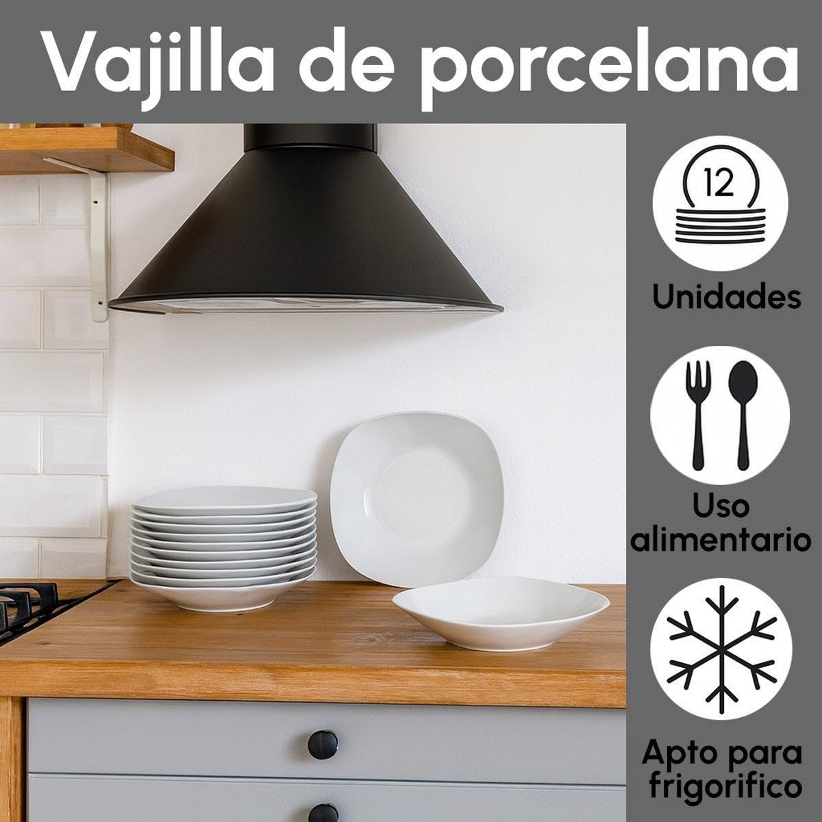 UNIMASA - Juego de 12 platos hondos cuadrados blancos de porcelana de 21,5 cm. Configura tu vajilla completa moderna para 12 personas a tu gusto