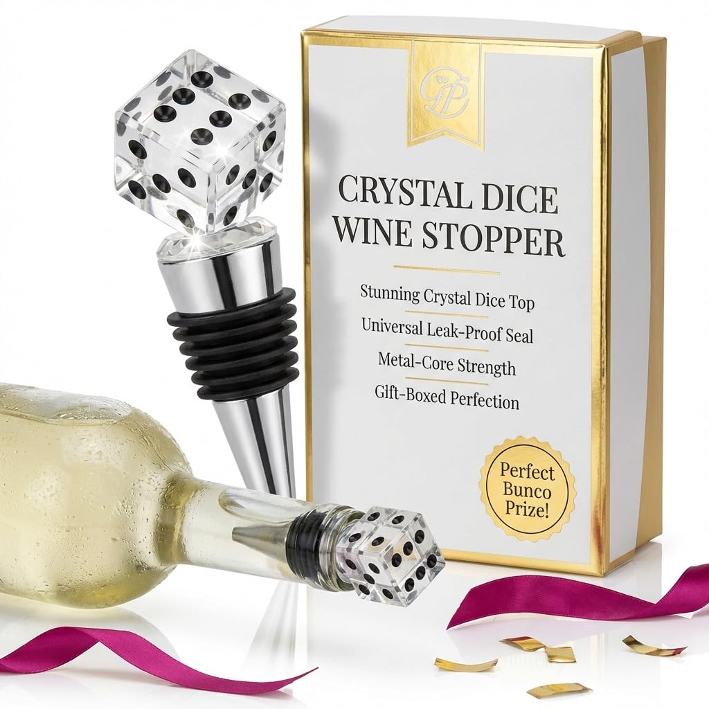 Crystal Dice Wine Stopper - Perfect Bunco Prize or Gift for Winners, Comes Gift Boxed. Bunco Party Supplies