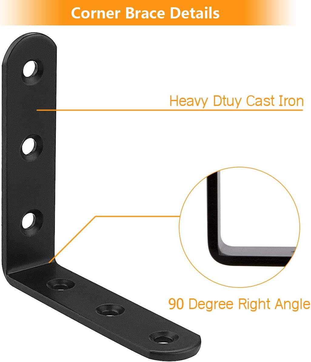16 PCS L Shelf Brackets 4Inch, Cast Iron 4x4 Inch Heavy Duty L Shape Corner Brace, Black Floating Shelves Bracket for Hanging DIY Shelving or Bookshelf, 3mm Thick Angle Joint Bracket Fastener