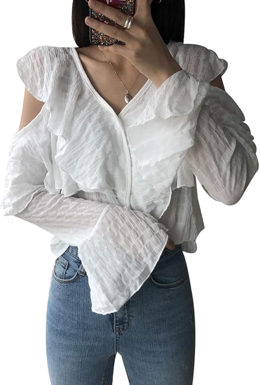 Amazon Envylook レース ブラウス レディース トップス おしゃれ 大人 可愛い シーファン レース リゾート デート 網レース インナー 春夏 肩オープンフリルブラウス アイボリー Free 並行輸入品 シャツ ブラウス 通販