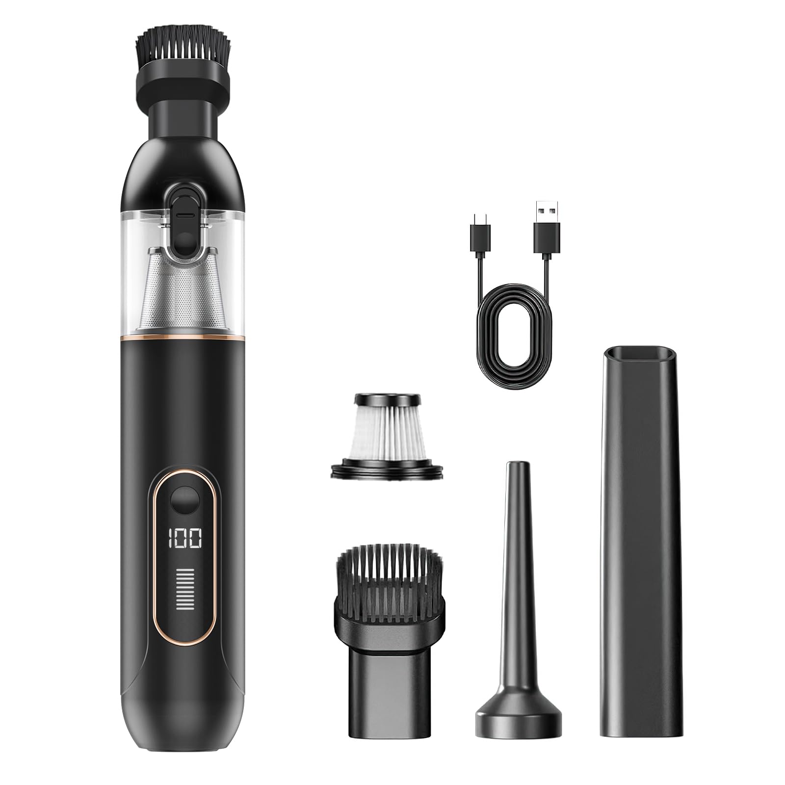 IOOKNA Car Vacuum, Mini Portable Cordless Handheld Vacuum, Type-C Charge 20000PA Suction Power, 2 Suction Modes Cleaner for Car, Office, Home, Black