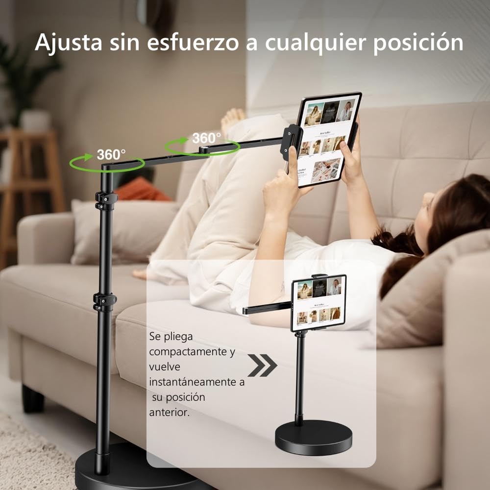 elitehood ALU Soporte de Suelo Ajustable para Tablet con Base Resistente | Soporte suelo tablet de aluminio, brazo horizontal de 24" ajustable, base firme y robusta. Para cama/sofá y compatible iPad