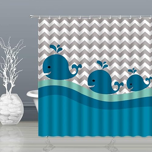 Miniatura 2 de Cortina de ducha de ballena de dibujos animados para niños, ballena océano, peces mar, onda de animales azul gris, cortinas de baño decoración de