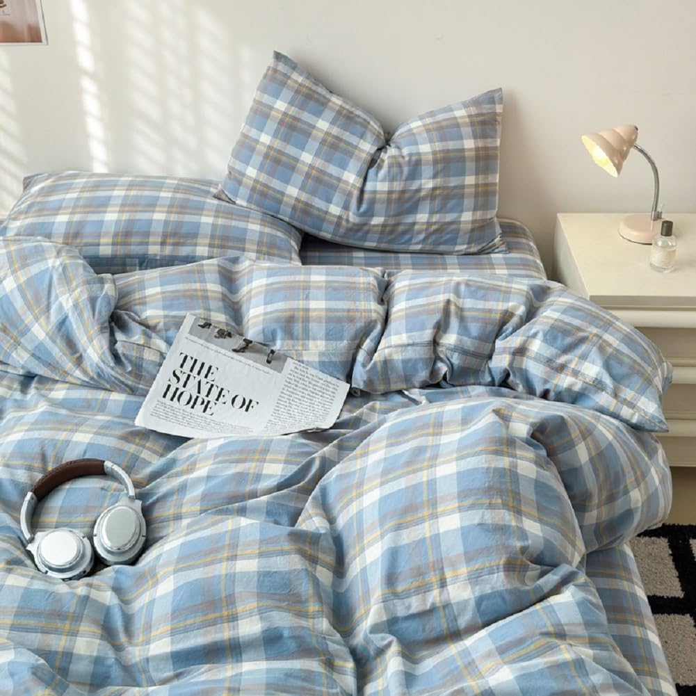 LifeTB Blue Plaid Duvet Cover Queen 100% Washed Cotton Gingham Duvet Cover Breathable Soft Grid Plaid Comforter Cover Farmhouse Bedding Set Vintage Checkered Comforter Cover Queen Size