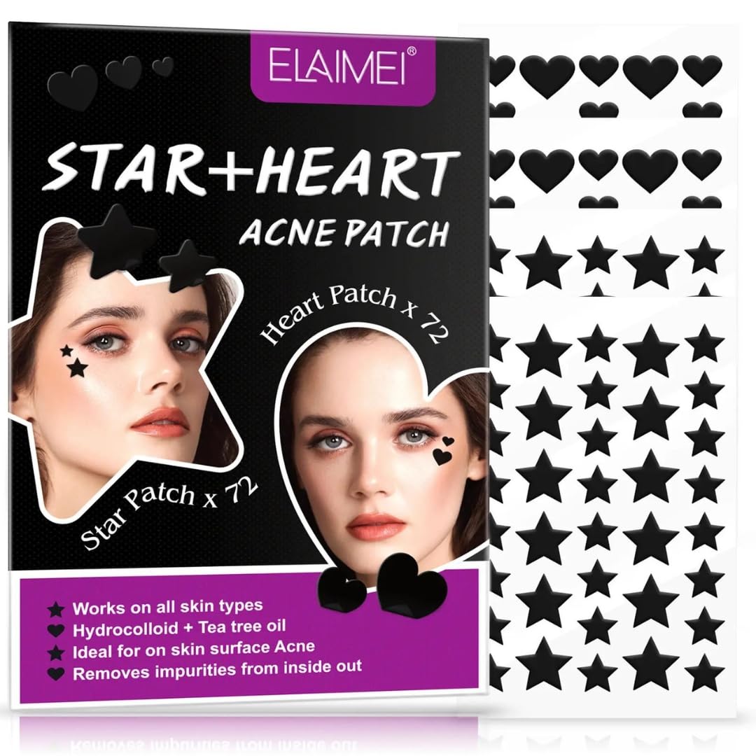 144 Pcs Acne Pimple Patch Star + Heart Shape | Acne Patch Treatment with Hydrocolloid & Tea Tree Oil | Star Face Pimple Patches | Spot Cover Stickers| Acne Healing Miracle Patches