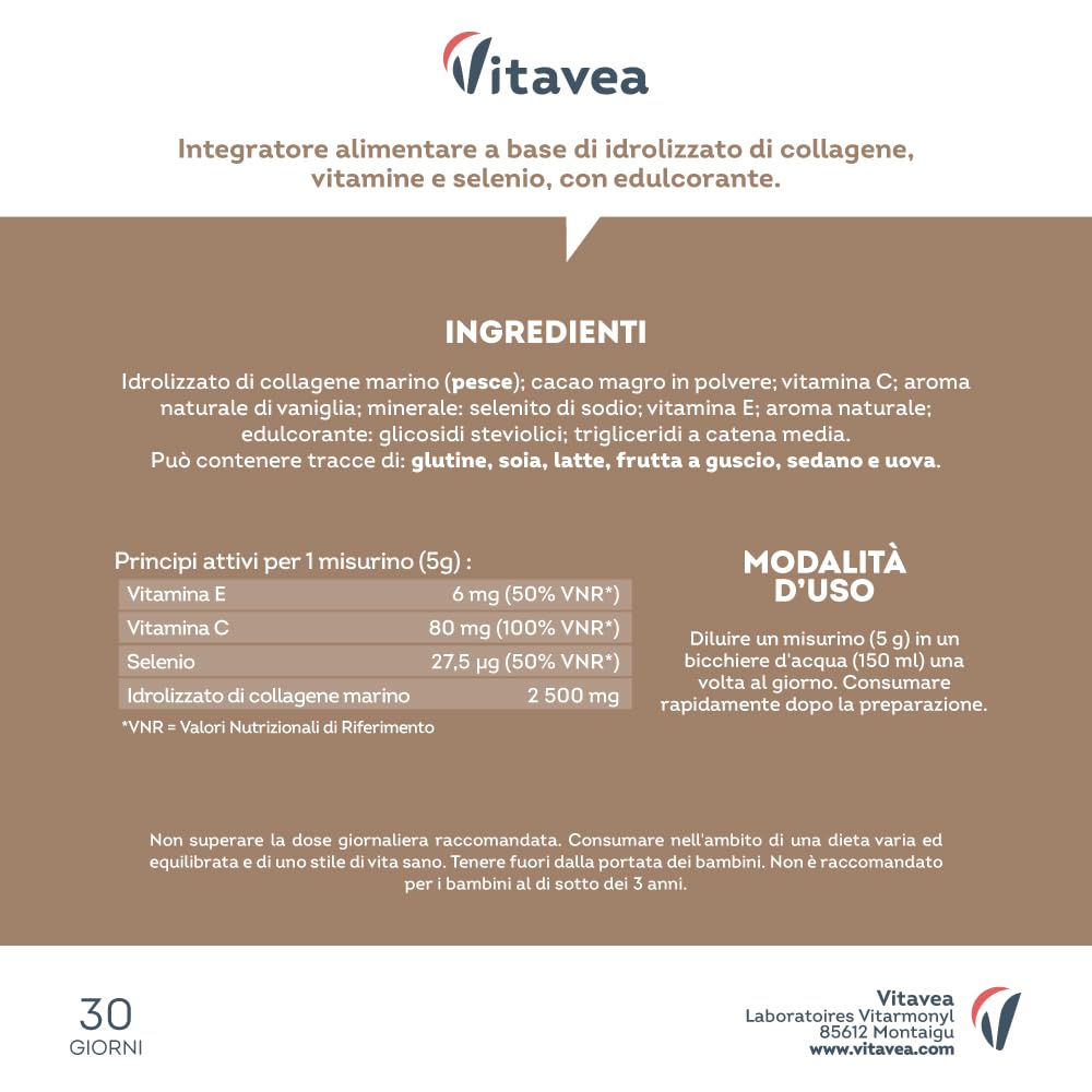 Vitavea Collagene Cacao Doypack - 2500 mg di Collagene Marino Idrolizzato Tipo 1 e 3 - Con Vitamina C, E, Selenio - Azione Antirughe - Pelle Luminosa - Gusto Cacao -150 g