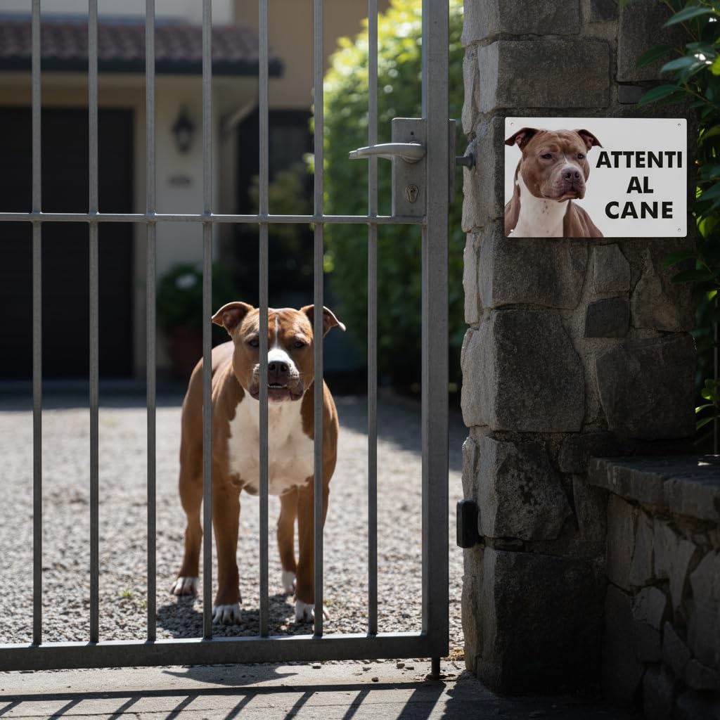 Pubblimania Cartello Attenti al Cane Amstaff - Targa Segnaletica in Alluminio composito 3 mm di spessore - Resistente alle Intemperie e ai Raggi UV - Fori Pre-perforati (Amstaff Marrone Cm 20x15)