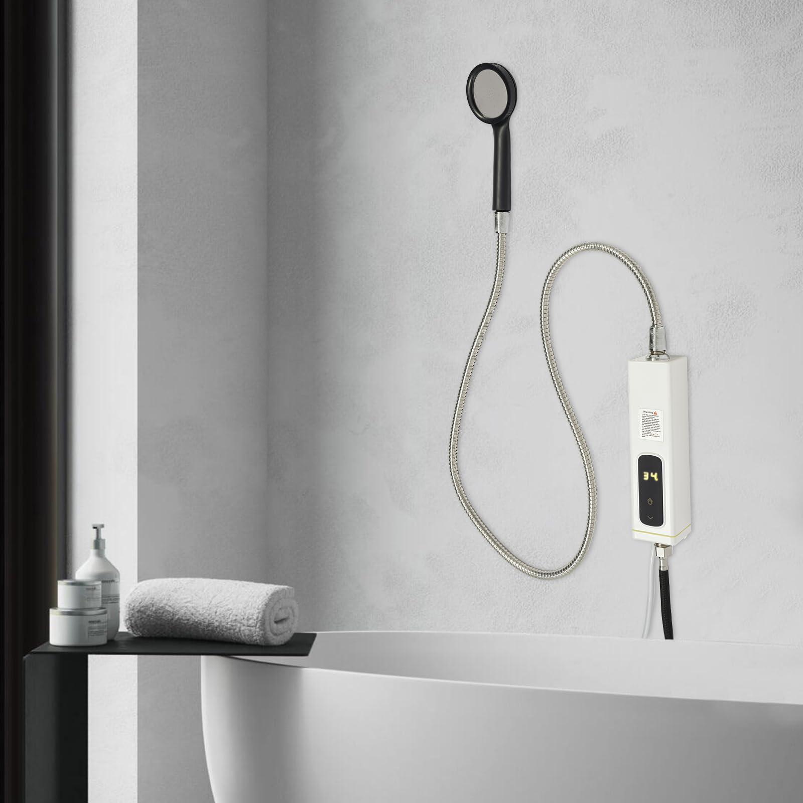 Elektrische doorstroomboiler, 3500 W, met doucheslang en douchekop, digitale temperatuurweergave en touch-bedieningspaneel, wandbevestiging, waterverwarmer voor keukens, badkamers, douches