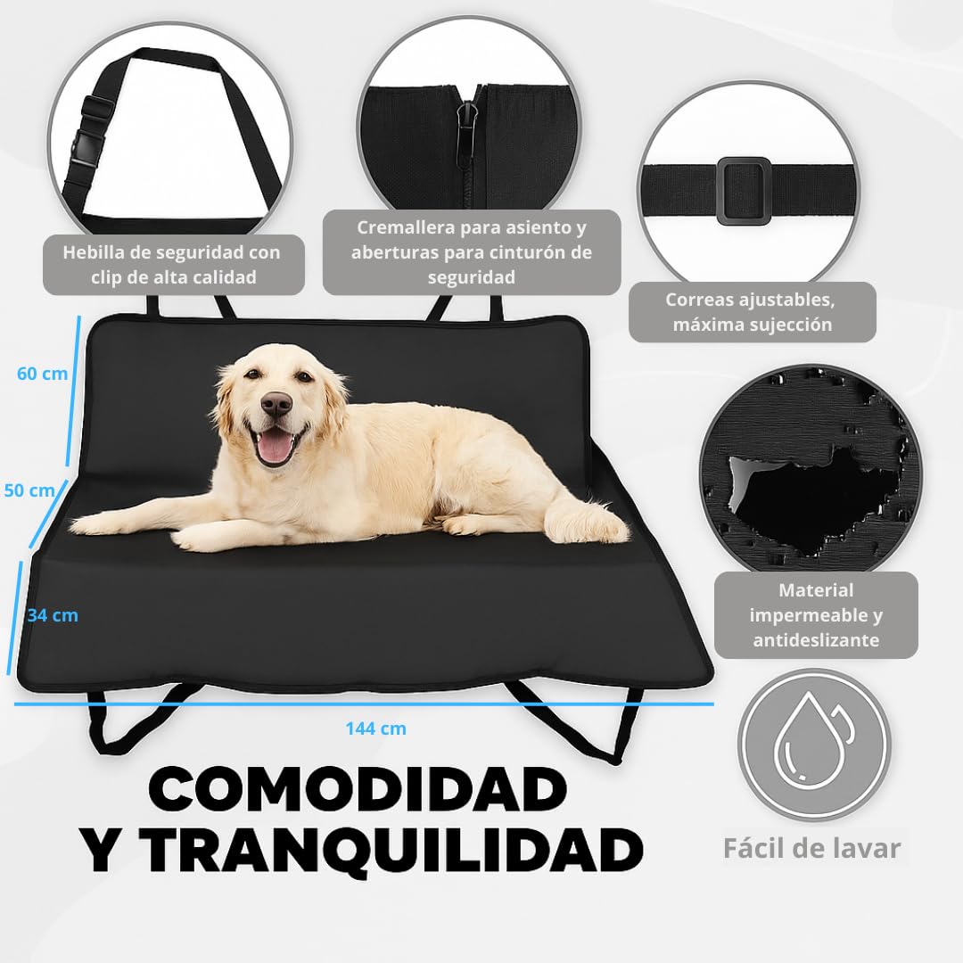 Funda Coche Perro 144x144cm con Cinturón de Seguridad y Manopla Cepillo – Protector Impermeable Asiento Trasero Antideslizante – Kit Completo para Viajar con tu Mascota