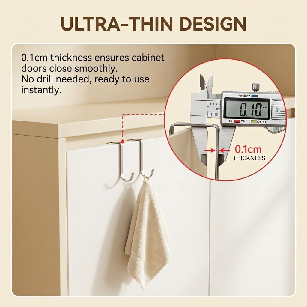 8 Pcs Cabinet Hooks, Stainless Steel Double S Shaped Door Hooks for Hanging, No Drill Over Door Towel Hook for Kitchen Cabinet, Bathroom, Wardrobe, Drawer, Office Cubicle image 3