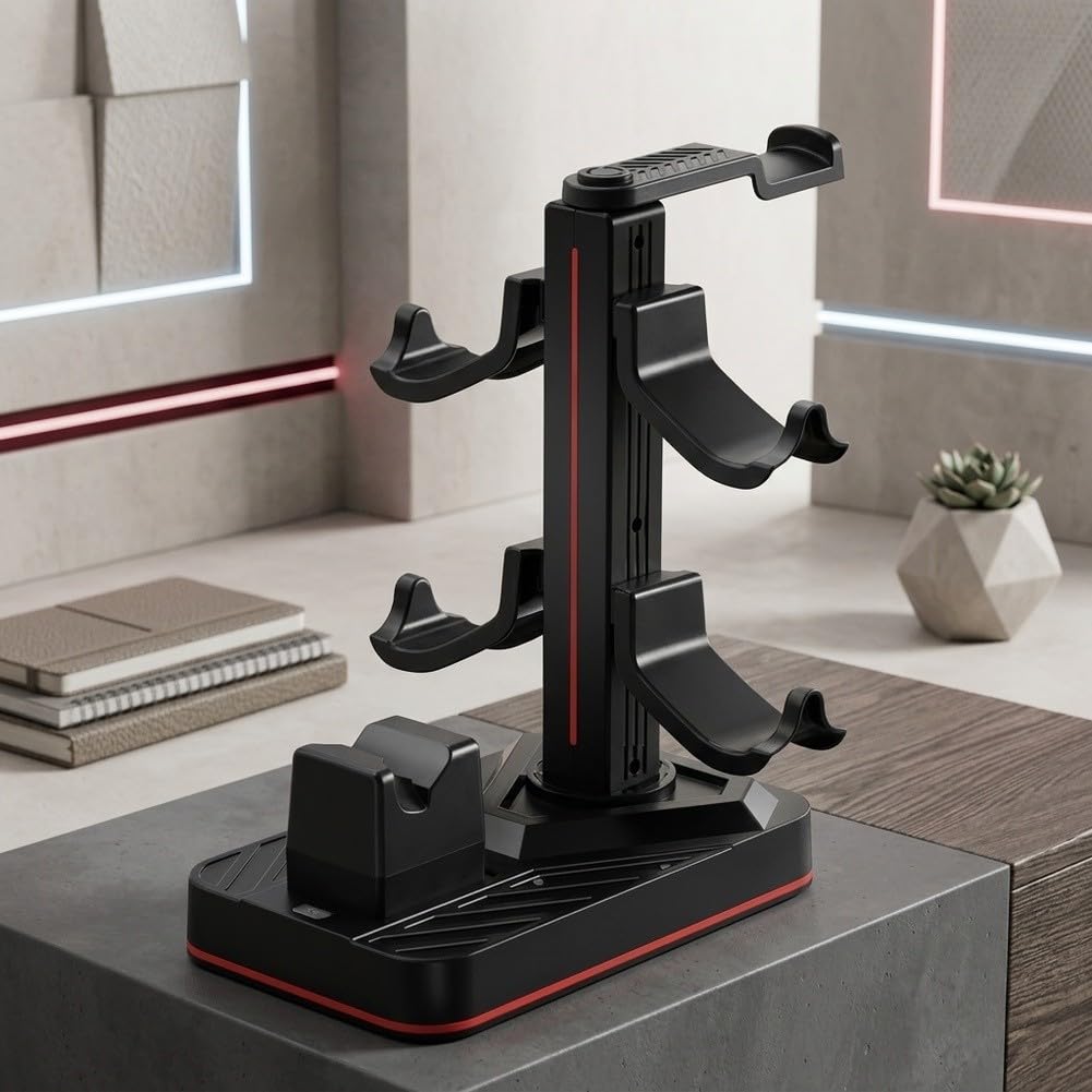 Supporto per cuffie da gioco con stazione di ricarica, supporto per controller staccabile per Switch 2 Pro, 8 modalità LED, 3 porte USB, gancio per auricolari in ABS per accessori PC
