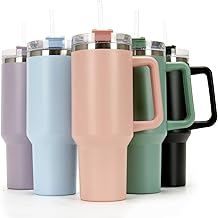 40OZ Tumbler with Straw Lid and Handle, Travel Mug Stainless Steel Coffee Travel Insulated Cup Mug Leak Proof Vacuum Insulated Water Bottle for Cold & Hot Drinks (Pink)