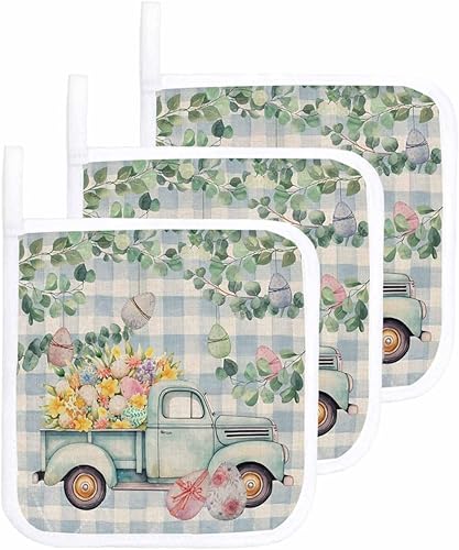 3 Packs Easter Truck Pot Holders Sets for Kitchen,Oven Pan Plate Bowl Pads Heat Proof Mat with Hanging Loop,Terry Cloth Potholders for Cooking Blue