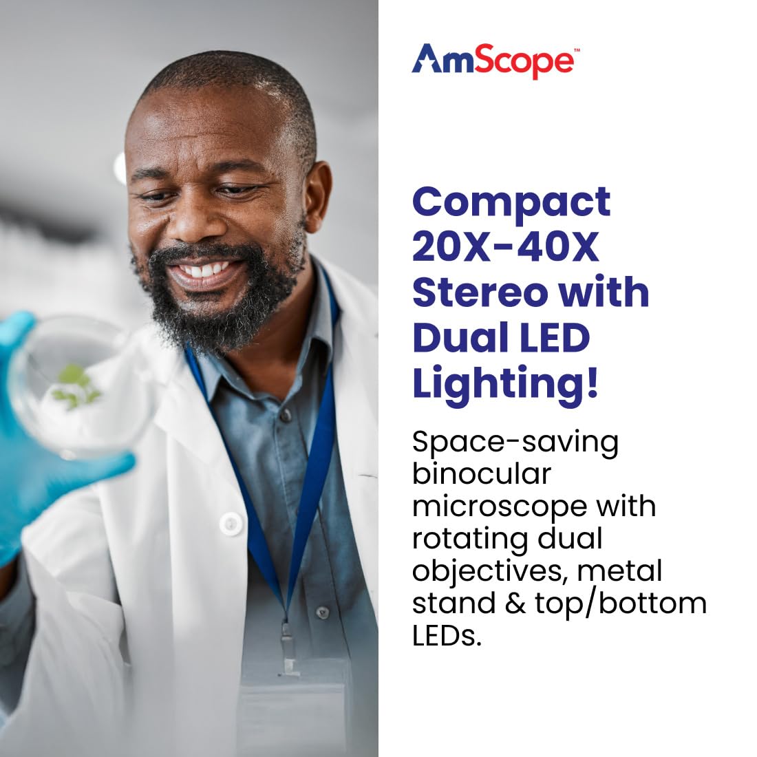 AmScope - Microscopio stereo senza fili LED per illuminazione superiore e inferiore 20X-40X.