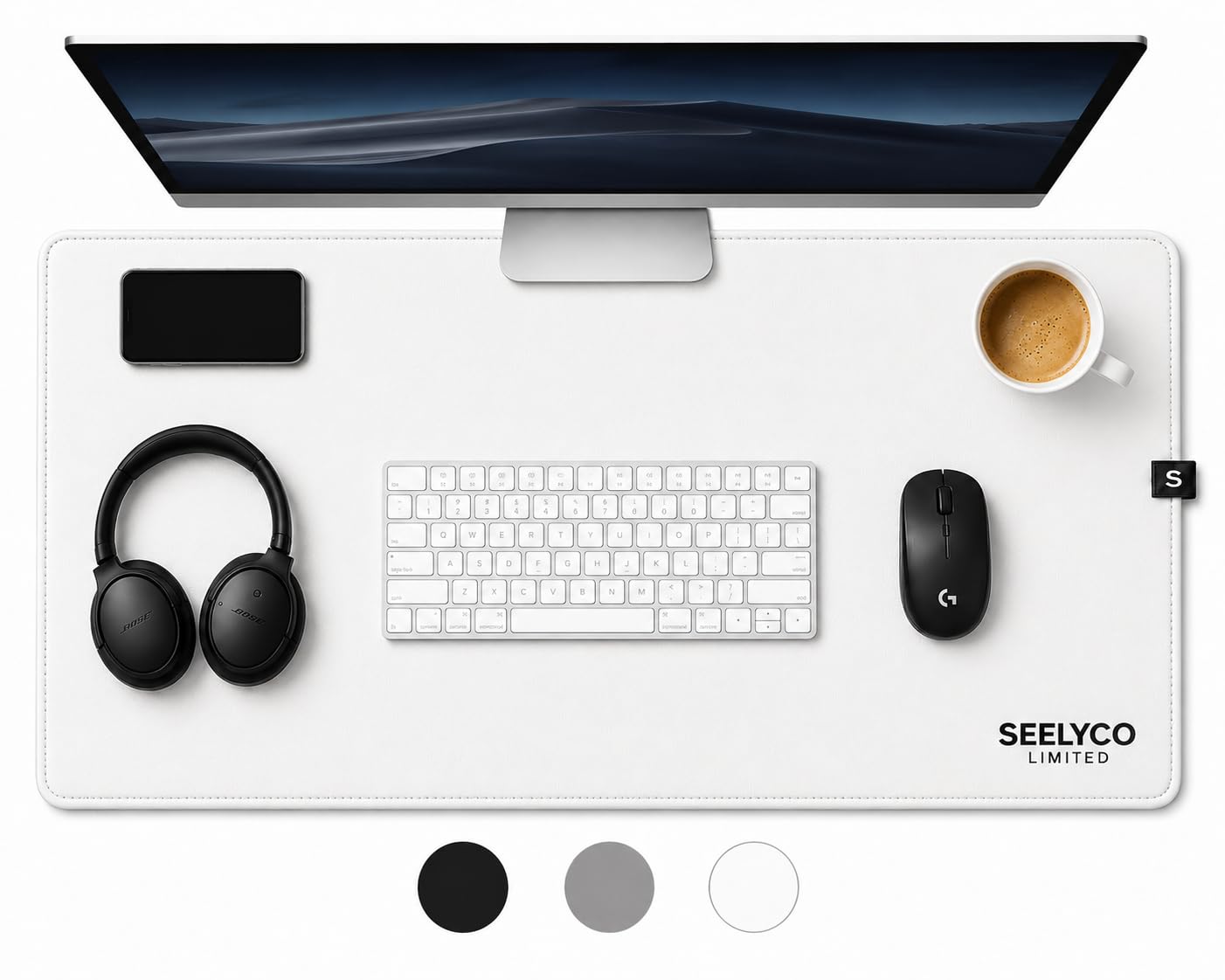 SEELYCO Vegan Leather Desk Mat - Large Desk Pad with Non-Slip Suede Base, Waterproof Desk Protector Mat for Keyboard, Mouse & Laptop Workspace - 80x40cm (Arctic White)