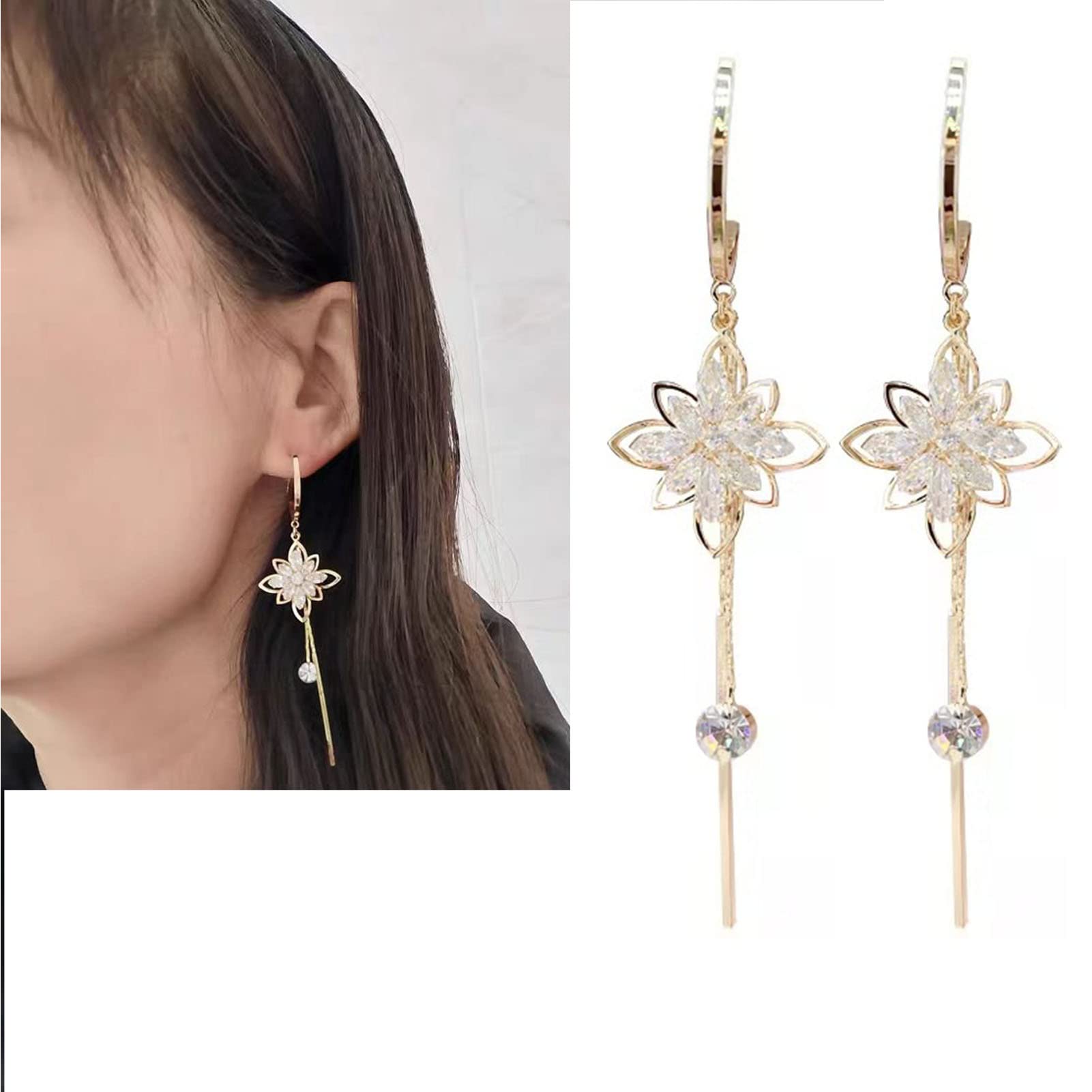 WANGTAOFashion Women Earrings Brilliant Flower Fringes Earrings Long Chain Drop Earrings