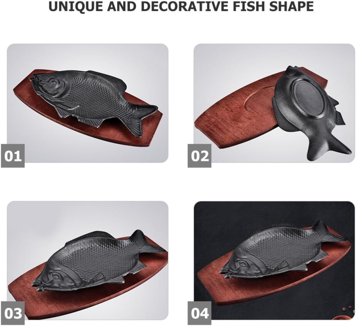 Uonlytech Iron Serving Plate Heat Resistant with Wooden Base Fish Shaped