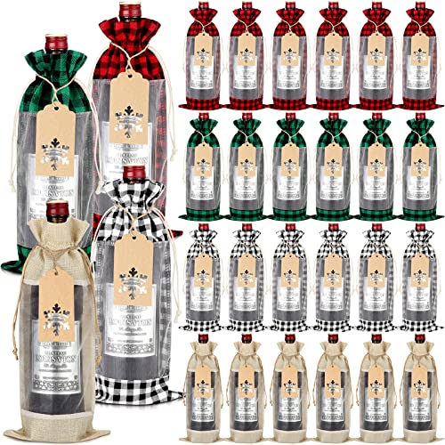 24 Stück Jute-Weinbeutel, Weihnachts-Büffelkariert, Weinflaschen-Taschen, Wein-Geschenkbeutel mit durchscheinendem Fenster, Reisen, Einweihungsfeier Cover