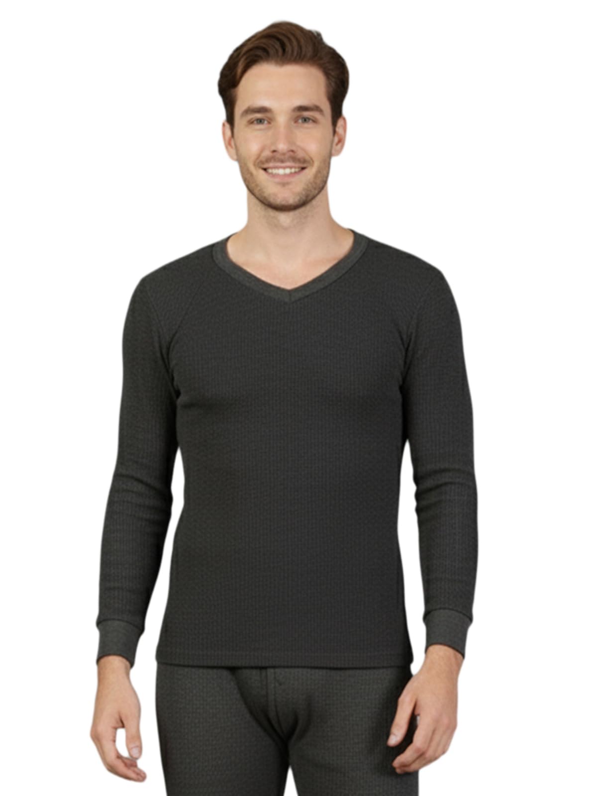 Lux Cozi HEATEK Black Melange V Neck Full Sleeves Thermal Top for Men |Style 555 |Ultra Soft, Extra Warm | Pack of 1